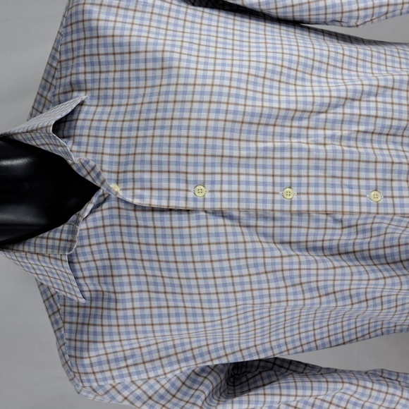 David Donahue blue & tan plaid casual preppy office button-up shirt - Picture 1 of 5